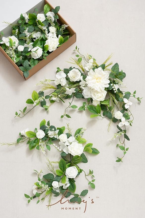 Ling's moment Flower Garland - 6FT Eucalyptus & Rose - Sweetheart Table Decor for Wedding Reception, Artificial Floral Garland for Mantle, Spring, Christmas Decoration, White & Lily