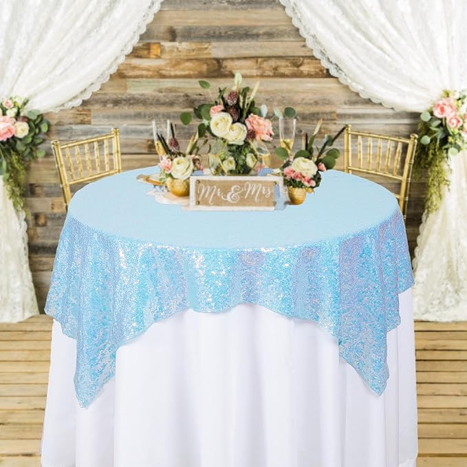 ShinyBeauty Iridescent Aqua Sequin Tablecloth Square Tablecloths Glitter Table Overlay Aqua Blue TableCover Sequin Table Cloth Small Linen for Birthday Baby Shower Decor (54”X54”)