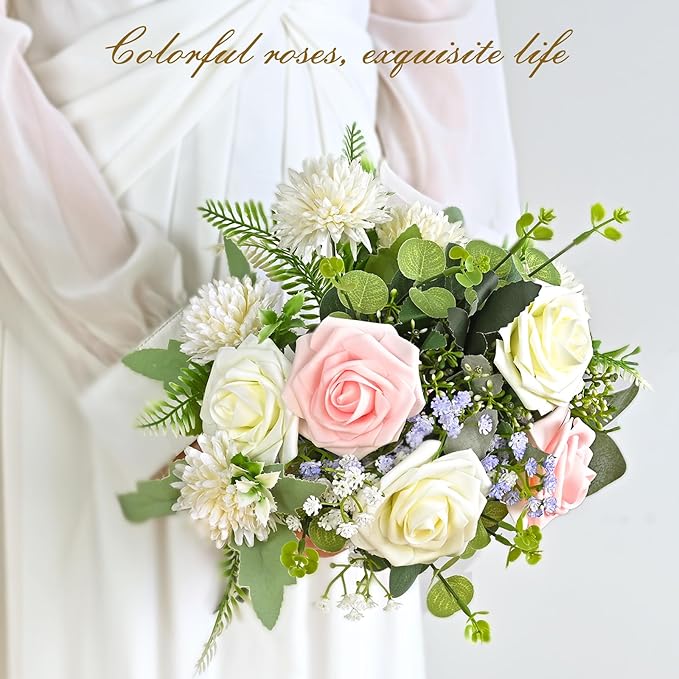 BLEUM CADE 16Pcs Artificial Flowers Fake Roses with Stems, Pink Boxed Foam Roses for DIY Bouquets Centerpieces Wedding Party Arrangement Bridal Shower Decor