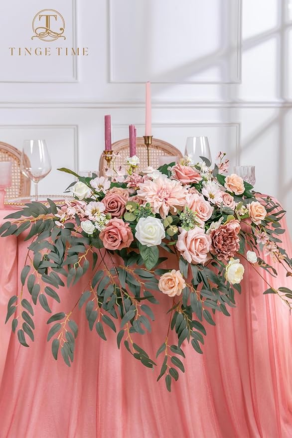 TINGE TIME Artificial Sweetheart Flower Swag with Tablecloth and Table Runner, Pack of 3 Floral Arrangement for Wedding Sweetheart Table Centerpiece Decoration Valentine's Day (DustyRose&Cream)