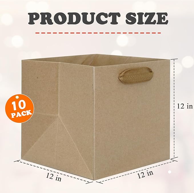 ADIDO EVA Kraft Brown Square Gift Bags Large Size Square Bottom Paper Bags with Handles for Party Favor, Shopping Bags (12x12x12 In, 10 CT)