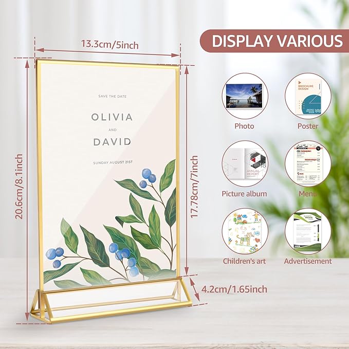 12 Pack Acrylic Sign Holder, 5x7 Inch Double-Side Gold Picture Frames Stands for Display, Vertical Table Top Sign Holders for Wedding, Party, Offices, Table Numbers, Home