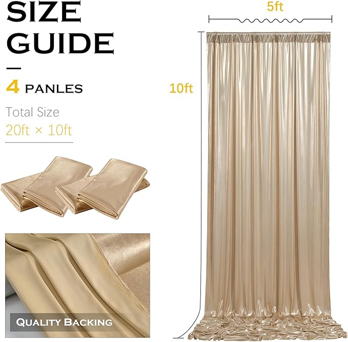 PartyVillage 20x10FT Champagne Gold Sequin Backdrop Curtain -4 Panels 5x10FT Wrinkle Free Shimmer Back Drop Cloth, Glitter Backdrop Drapes for Photography, Birthday, Wedding, Graduation Background