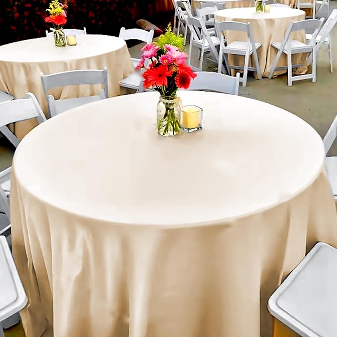 12 Pack 120 Inch Champagne Satin Tablecloth - Premium Bright Silky Round Tablecloth Overlay Smooth Fabric Table Cover, Table Decoration for Wedding Party Banquet Events Restaurant Kitchen Dining
