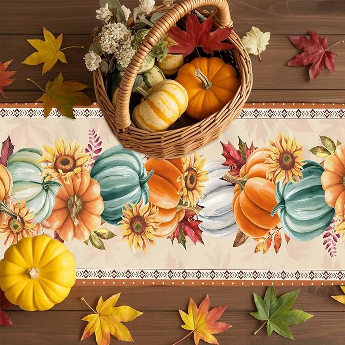 Fall Thanksgiving Southwest Cotton Linen Table Runner for Dining Kitchen, Orange Pumpkins Wedding Outdoor Party Rustic Tablerunners Decoration, Sunflower Dresser Scarf Tablecloth Runners 13x36 Inches