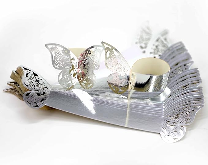 100 Pcs Napkin Rings Laser Cut Butterfly Shape Foil Paper Napkin Holder for Weddings Party Serviette Table Decoration Restaurant (Silver)