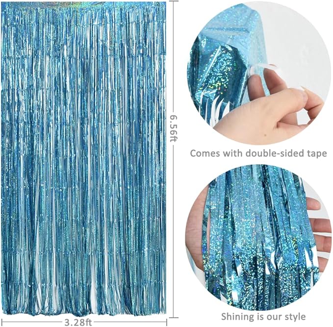 TONIFUL 3Pcs Laser Light Blue Door Streamers,Laser Blue Photo Booth Backdrop Metallic Streamers Blue Foil Fringe Curtains for Birthday,Christmas,New Year,Bachelorette,Grad Party Decor(9.9ft x 6.6ft)