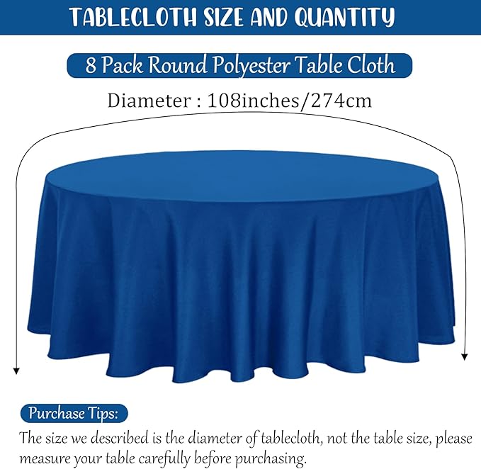 8 Pack Premium Round Tablecloth 108 Inch Round Table Covers Bulk Washable Polyester Fabric Round Table Clothes for Wedding Party Reception Banquet Buffet Restaurant (Royal Blue, 108 Inch)