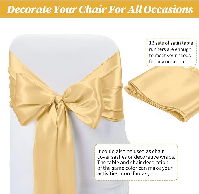 12 Pack Champagne Gold Satin Table Runner,12 x 108 inch Long Premium Smooth Table Runner for Wedding,Banquets,Birthday,Party,Graduation,Engagements,Table Runners fit Rectangle and Round Table