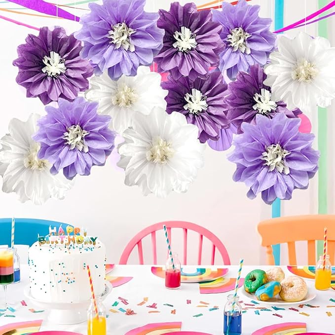 12pcs 10in 12in Paper Pom Poms Hanging Paper Flowers Wall Backdrop Wedding Party Flower Decorations DIY Art Craft Blooms for Birthday Baby Shower Nursery Decor Purple