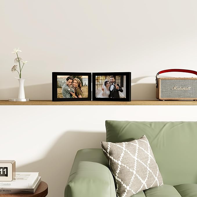 decorUhome Double 7x5 Picture Frame Vertical, Engineered Wood Bifold Photo Frame with Plexiglass for Tabletop Display, 7x5, Black