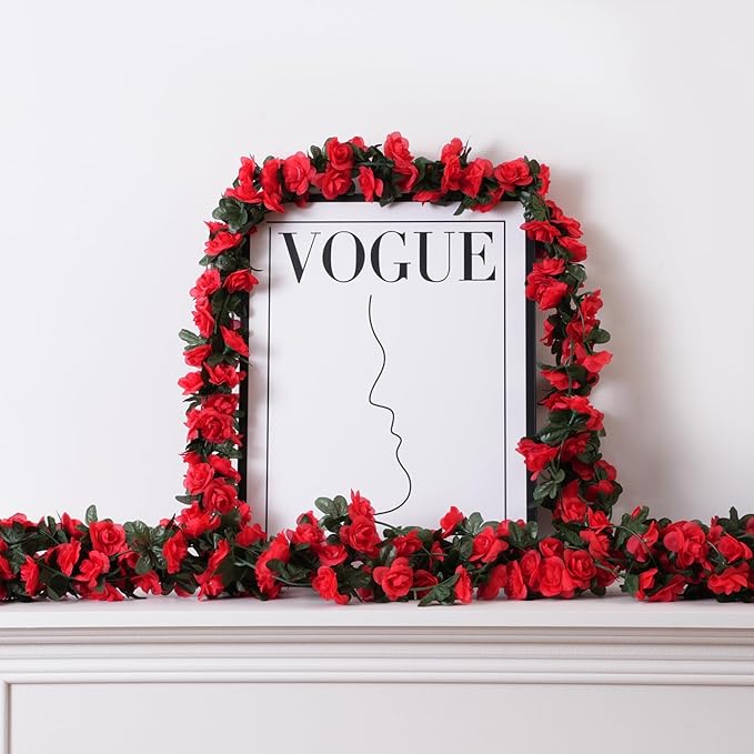 5 Pcs 41FT Flower Garland, Artificial Rose Garland Flowers Plants Fake Flower Hanging Rose Ivy, Birthday Party Valentine's Day Wedding Wall Arch Decor（Red）