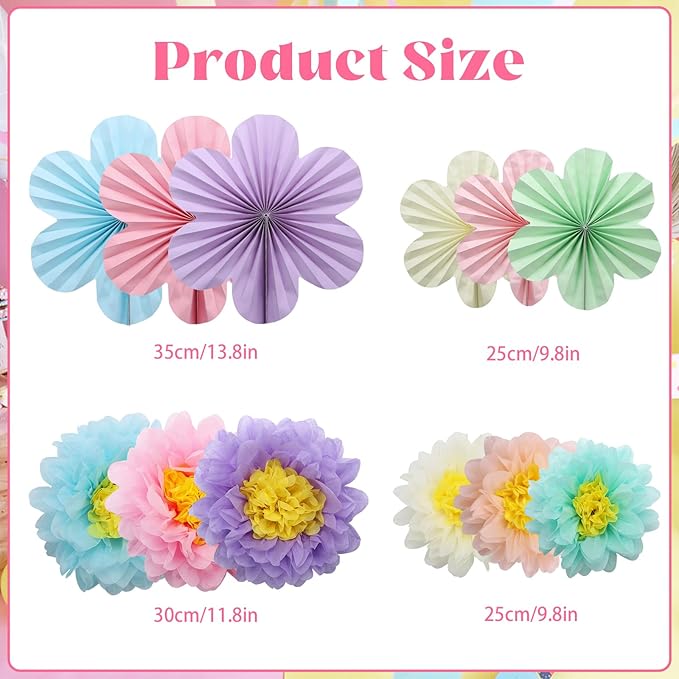 BestoFun 12PCS Paper Flowers Fans Pastel Party Decorations Tissue Paper Flowers Decorations for Girl Groovy Birthday Baby Shower Wedding Bachelorette Room Wall Hanging Décor