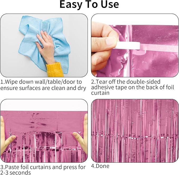 Pink Streamers - Thicken 4 Pack 3.2 x 8.2 FT - Pink Tinsel Foil Fringe Curtains, Photo Booth Props Backdrops for Birthday, Bachelorette, Graduation, Baby Shower Party Decorations