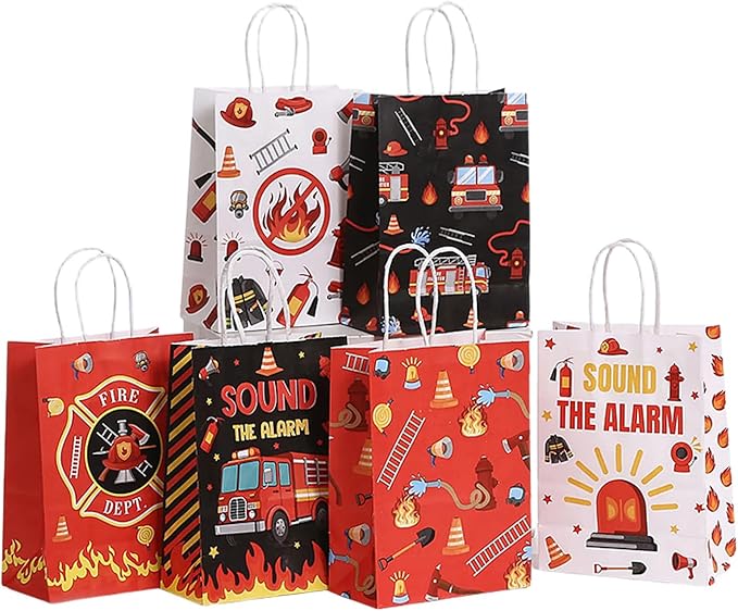 piqiya Fire Truck Party Favor Bags,24pcs Firetruck Gift Treat Goodie Bag for Fire Safety Awareness Events,Firefighter Candy Treat Paper Bag, Gift Bags for Fireman Birthday Party Rescue