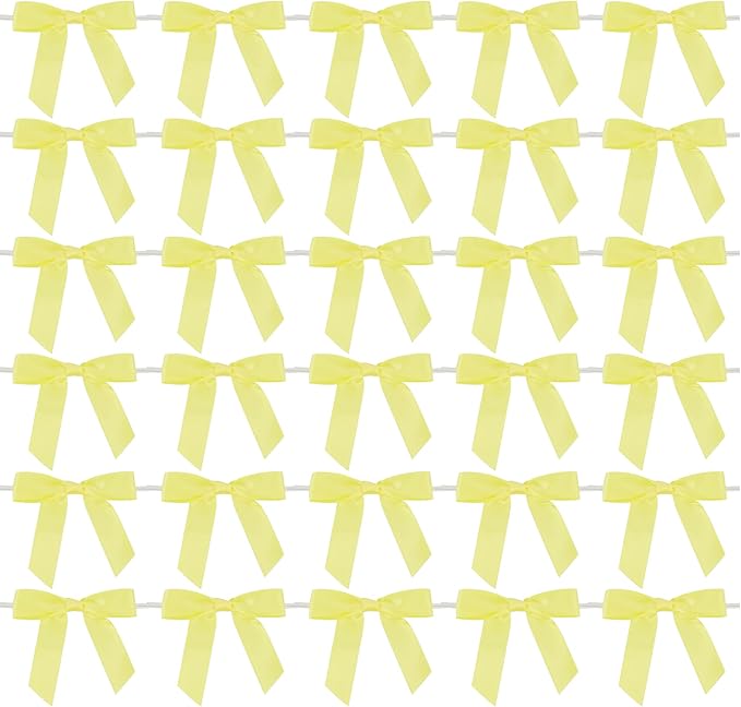 AIMUDI Yellow Bows 2.5" Satin Bows with Twist Tie Premade Craft Bows for Treat Bags Cake Pop Gift Wrapping Basket Wedding Favors Cookie Candy Bagging Baby Shower - 50 Counts