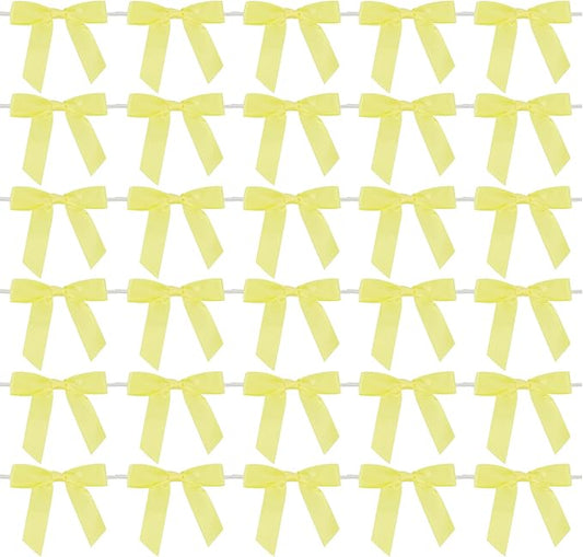AIMUDI Yellow Bows 2.5" Satin Bows with Twist Tie Premade Craft Bows for Treat Bags Cake Pop Gift Wrapping Basket Wedding Favors Cookie Candy Bagging Baby Shower - 50 Counts