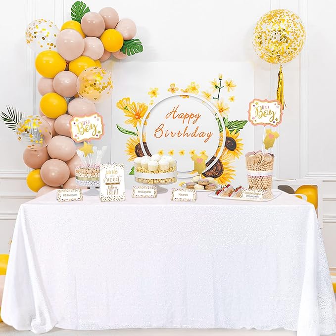 QueenDream Sparkly Sequin Tablecloth - White Table Cloth 50x80 Inches Rectangle Table Overlay Fabric for Birthday Parties Baby Shower Decoration