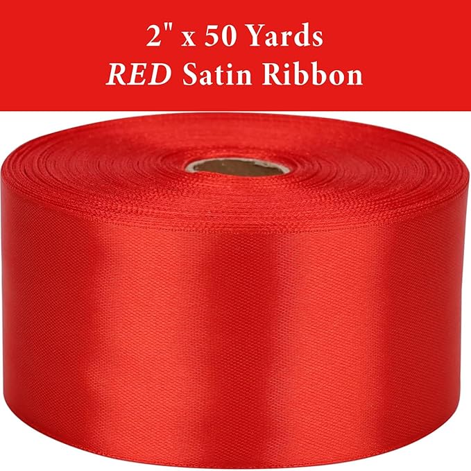 2 Inch Red Satin Ribbon 50 Yards Solid Fabric Ribbons for Gift Wrapping, Crafts, Flower Bouquets, Bows Making, Wedding, Party, Holiday and Home Decor