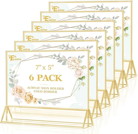 EHWINE 6 Pack Acrylic Sign Holder 5 x 7 Horizontal, Double-Sided Stand up Table Top Sign Holders, Gold Acrylic Picture Frame Menu Flyer Paper Holder Display Stand for Office Business Store Wedding Party