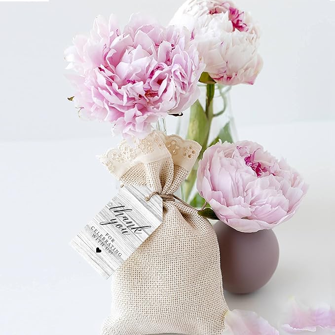 Andaz Press 100-Pack Thank You for Celebrating with Us Favor Tags Gray Rustic Wood Cardstock Gift Tags with Bakers Twine for Wedding Baby Shower Bridal Shower Birthday Party Favors 2 x 3.75-Inches
