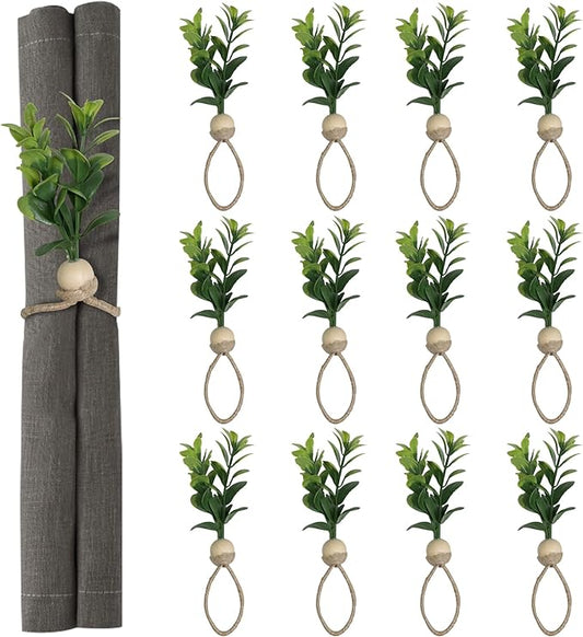 MAOANME Napkin Rings Set of 12, Rustic Eucalyptus Napkin Holder Rings with Wood Bead, Farmhouse Green Leaf Napkin Ring Bulk, Boho Napkin Ring for Wedding, Table Decor