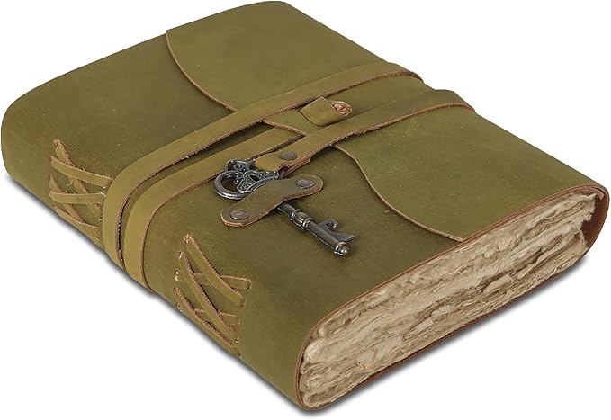 Leather Journal with Lined and Unlined Deckle Edge Paper 8x6 inch and Vintage Key | Handmade Writing Notebook Diary | Bound Daily Notepad for Men & Women Medium, Sketch/Writing pad for Artists
