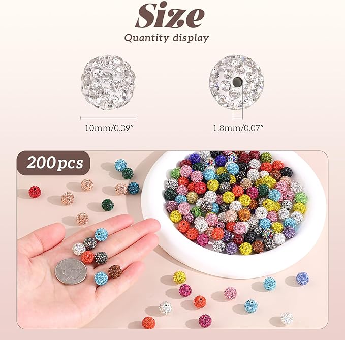 200pcs 10mm Rhinestone Beads for Jewelry Making, Light Yellow Shiny Round Disco Beads Bulk, Sparkle Crystal Clay Christmas for Bracelet Baseball Necklace Earring Crafting and DIY
