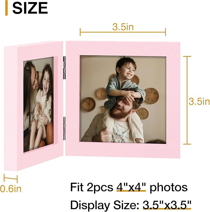 decorUhome Double 4x4 Picture Frame Vertical, Engineered Wood Bifold Photo Frame with Plexiglass for Tabletop Display, 4x4, Pink