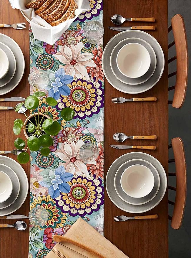 Boho Flowers Cotton Linen Table Runner for Dining Kitchen, Wedding Outdoor Party Tablerunners Decoration, Colorful Floral Farm Vintage Botanical Dresser Scarf Coffee Tablecloth Runners 13x120 Inches