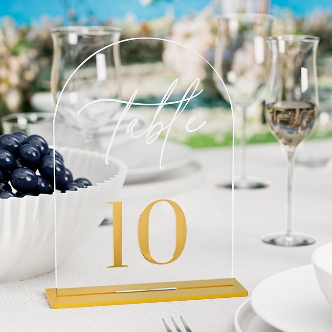Arch Wedding Table Numbers 1-30 w/Stand, Gold 3D Table Numbers for Reception - 5.5" X 7" Elegant Acrylic Arch Sign with Holder, Perfect for Wedding, Anniversary, Banquet, and Event Decor
