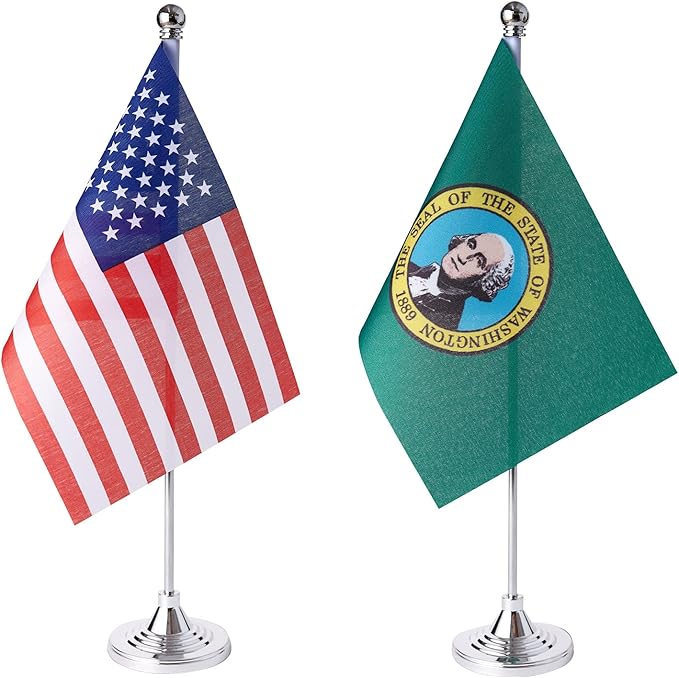 ZXvZYT 2 Pack American US Washington flag USA Washington WA State table flag,Small Mini United States Desk Flags With Stand Base,for U.S. States Party Events Celebration Decorations Supplies