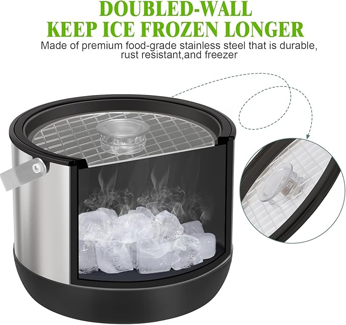5QT/4.8L Double-Wall Insulated Ice Bucket with Scoop & Lid,Large Capacity Stainless Steel Beverage Bucket for Party Cocktail Bar, Champagnes (Black