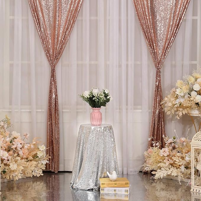 Poise3EHome 2Pcs 3Ft x 8Ft Rose Gold Sequin Backdrop Curtain, Glitter Photography Background, Sequence Xmas Thanksgiving Backdrop for Wedding Party Holiday Festival Decor