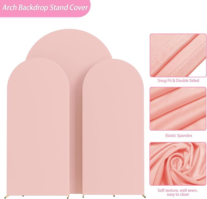 Fomcet Wedding Arch Cover 7.2FT, 6.6FT, 6FT Pale Pink Spandex Fitted Fabric Backdrop Set of 3 Round Top Chiara Arch Backdrop Stands Covers for Wedding Ceremony Birthday Party Baby Shower Decor