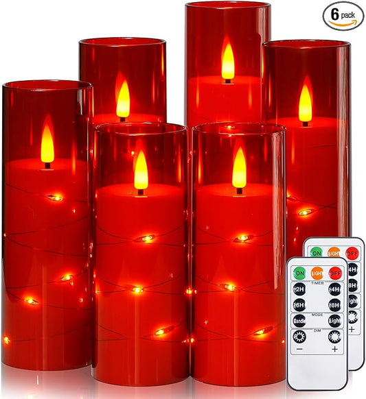 Red Flameless Candles with Remote and String Light, 2.2"x 5",5",6",7",7",8" LED Battery Operated Plastic Flickering Timer Pillar Candles(Pack of 6,Turn On/Off String Light Mode)