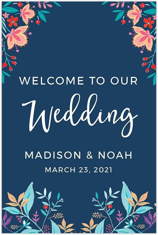Andaz Press Personalized Extra Large Wedding Easel Board Party Sign, 12x18-inch, Vintage Bohemian Flowers on Navy Blue, Welcome to Our Wedding Bride Groom Name Date, 1-Pack, Custom