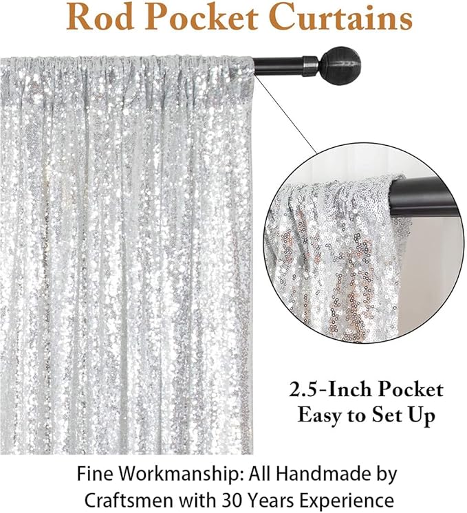 ShinyBeauty Sequin Curtains 2 Panels Silver 2FTx8FT Sequin Photo Backdrop Silver Sequin Backdrop Curtain Pack of 2-1011E