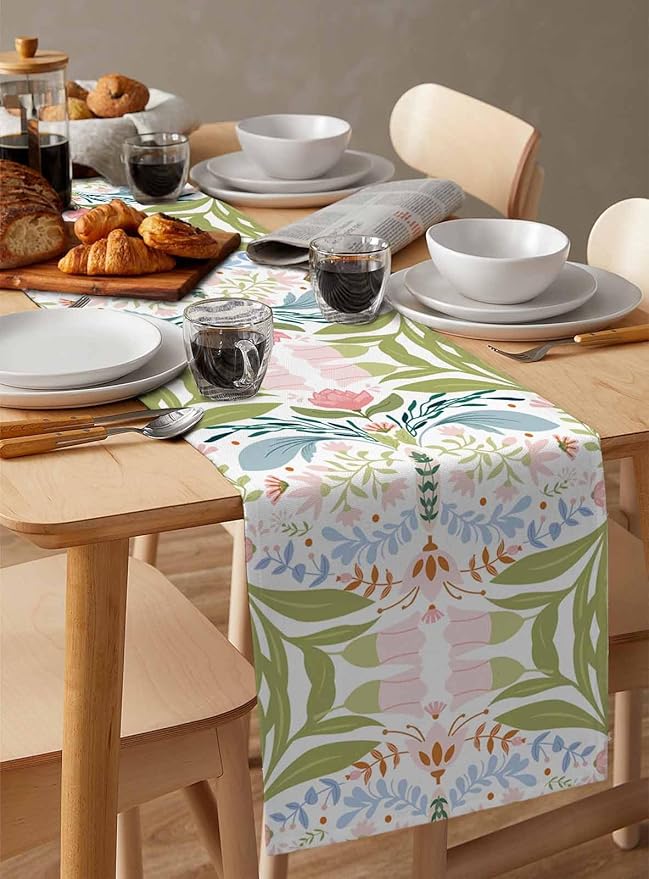 Green Blue Pink Boho Floral Cotton Linen Table Runner for Dining Kitchen, Wedding Outdoor Party Tablerunners Decoration, Retro Bohemian Botanical Dresser Scarf Coffee Tablecloth Runners 13x60 Inches