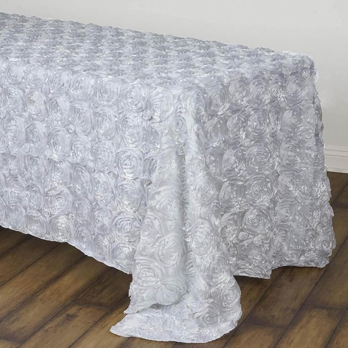 Efavormart 90"x132" Wholesale Rectangle Table Cover White Grandiose Rosette 3D Satin Tablecloth for Wedding Party Event Decoration