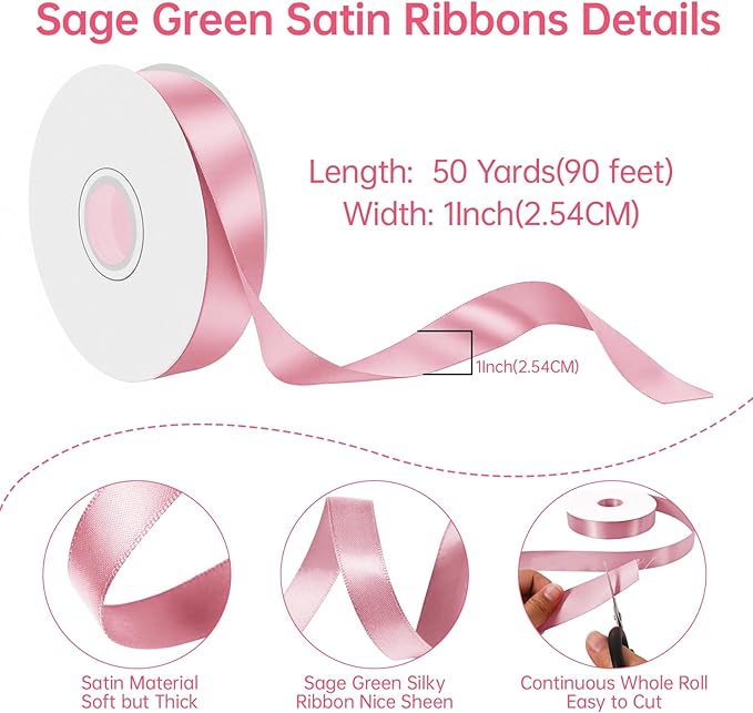 Pink Satin Ribbon 1 Inch Wide x 50 Yards, Double Faced Polyester Ribbon for Gift Wrapping, Wedding Decor, DIY Bows and Party Supplies