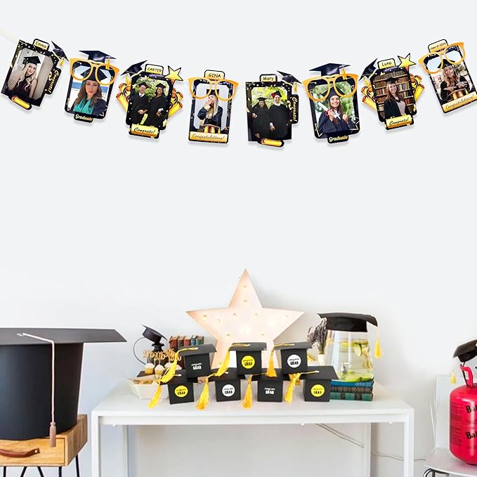 pinkblume Graduation Party Decorations Black and Gold Grad Photo Banner Congrats Grad Photograph Bunting Garland for 2025 Graduation Celebration Party Decorations Supplies