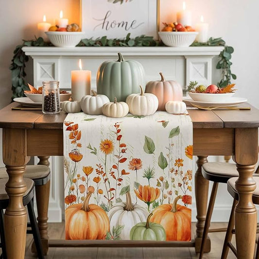 Fall Wildflowers Cotton Linen Table Runner for Dining Kitchen, Thanksgiving Pumpkin Outdoor Party Rustic Tablerunners Decoration, Botanical Floral Vintage Dresser Scarf Tablecloth Runners 13x90 Inches