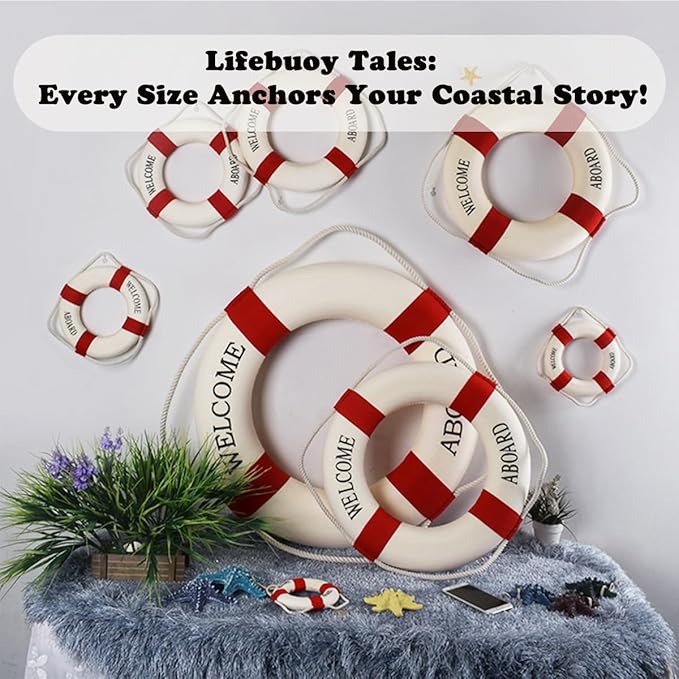 MorroMorn Lifebuoy Wall Hanging Decor - Welcome Aboard Mediterranean Style Home Decoration (Red, 18")