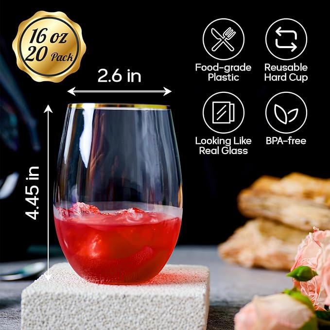 FOCUSLINE 20pcs 16 Oz Plastic Wine Glasses, Stemless Gold Rim, Heavy Duty Disposable Drinking Cups, Reusable Shatterproof for Party & Wedding