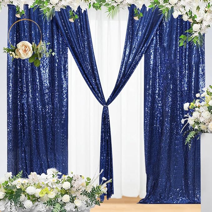 Eternal Beauty Navy Blue Sequin Backdrop Curtains, Shimmer Back Drop 4Panels-2FTx8FT for Independence Day Christmas, Party, Birthday, Photography, Wedding, Baby Shower Event Decoration