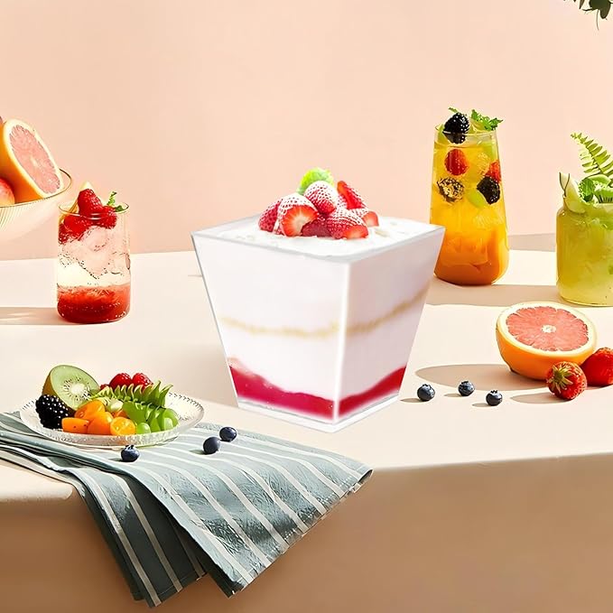 50 Pack 5 oz Clear Plastic Square Dessert Cups with Spoons，Mini Disposable Parfait Cups for Yogurt, Ice Cream and Tasting，Serving Cups for Appetizer，Pudding，Party (5 oz)