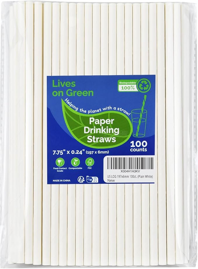 7.75 inch Disposable Paper Drinking Straws, Dye-free White, for Cocktails, Juice, Beverage, Coffee - 100 Counts