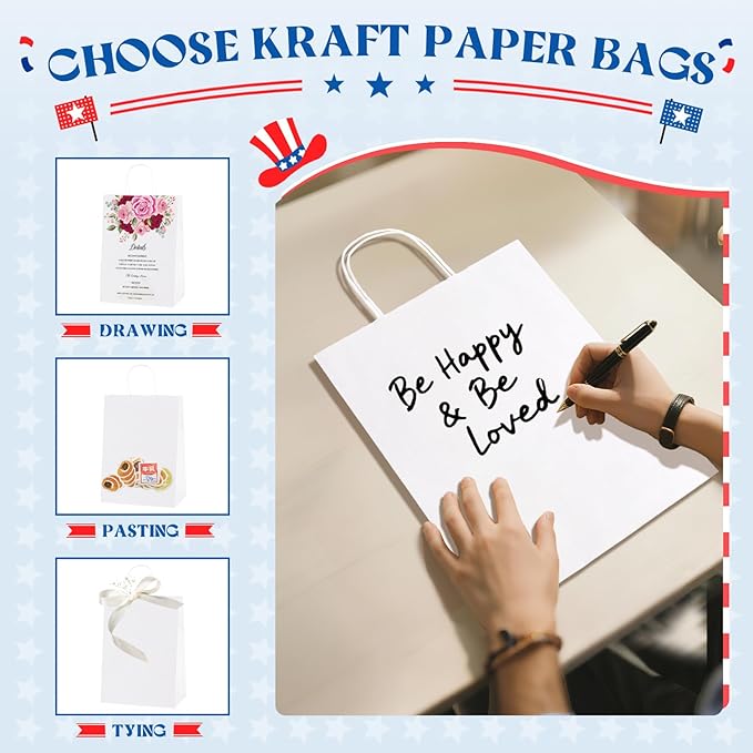 MESHA Gift Paper Bags 300 PACK 10X5X13 White Large Shopping Kraft Bags Bulk with Handles Reusable for Business Grocery Birthday Wedding Kids Party Favors(Made in USA)