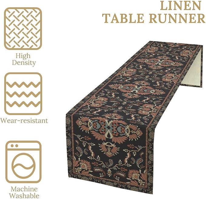 Boho Paisley Farmhouse Table Runner, Vintage Red Blue Retro Flower Rustic Country Style Floral Print Pattern for Home Kitchen Table Decor Dining Coffee Room Garden Party Decor 13x60in